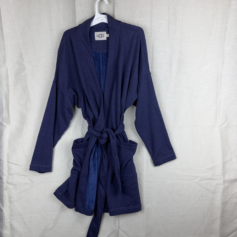 UGG Robe Womens XL Blue Jersey Fleece Lined Kimono Belted Pockets Tie Waist